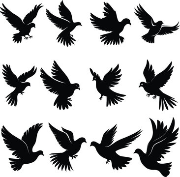 Flying dove silhouettes isolated pigeons set love and peace symbols