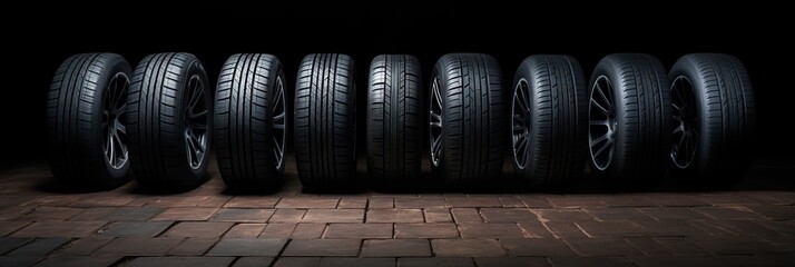 Set of fuel efficient car tires on dark wooden background. Winter and summer tire tread. Vulcanization service. Car wheel service concept - obrazy, fototapety, plakaty