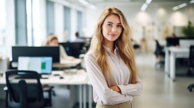 Attractive casually dressed modern long haired blonde is standing in sustainable company