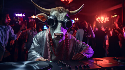 Cow DJ playing in a night music club for a dancing audience. Wild party. Animal DJ. - obrazy, fototapety, plakaty
