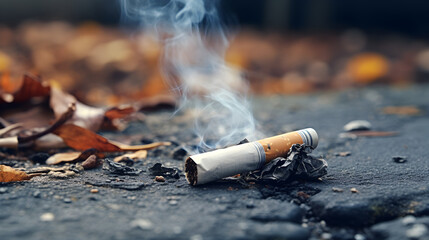 Cigarette butt on the road. World no tobacco day concept. - obrazy, fototapety, plakaty