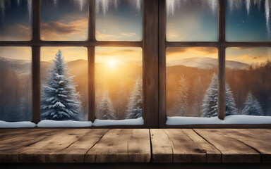 Empty old wooden table with winter theme in background