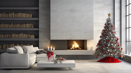 Christmas tree in modern living room with fireplace minimalist Scandinavian style of interior