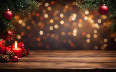 Fototapeta na wymiar Empty wooden table with Christmas theme in background