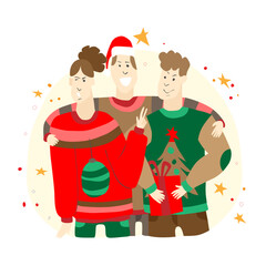 Vector New Year illustration in flat style with happy people in New Year sweaters taking pictures. New Year flat illustration 2024.