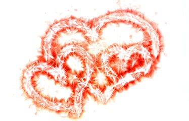 Trzy serca na białym tle otoczone iskrzącą czerwoną poświatą - świetlisty efekt - obrazy, fototapety, plakaty