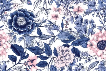 Fotobehang seamless design with roses flowers. Fairytale forest. hand drawn vintage botanical pattern line graphics. fashion textile design Indigo color. floral illustration © Taslima