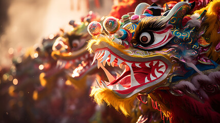 A dynamic lion dance parades through the streets in a burst of color and festivity. Chinese New Year