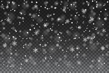 Falling realistic snowflakes on a transparent background for winter decor. New Year and Christmas background with snow in the air. Snow wallpaper, decorative element.