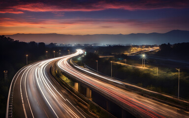 Fototapeta na wymiar Long exposure shot of a highway with traffic at night