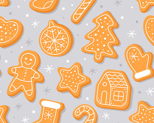 Materiał do szycia Seamless pattern with Christmas gingerbread cookies on a light gray background. Homemade Christmas cookies with sugar glazed. Pattern for New Year's wrapping paper, cards, decor, fabric. 