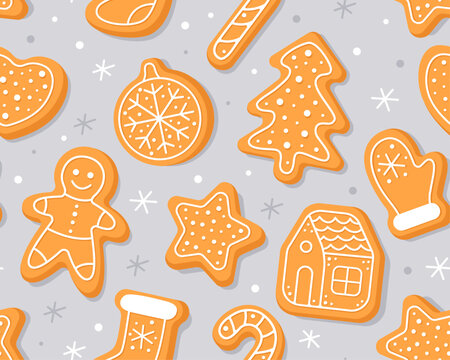 nSeamless pattern with Christmas gingerbread cookies on a light gray background. Homemade Christmas cookies with sugar glazed. Pattern for New Year's wrapping paper, cards, decor, fabric. 