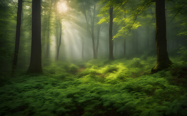 Photograph of a beautiful foggy morning in a green forest