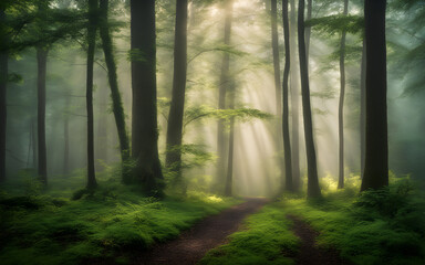Photograph of a beautiful foggy morning in a green forest