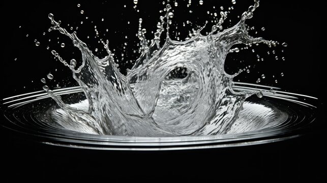 High-speed water splash frozen in time, suspended droplets collide in mid-air. Sharp detail & textures on black background. Macro photography captures the dynamic energy & power of water in motion