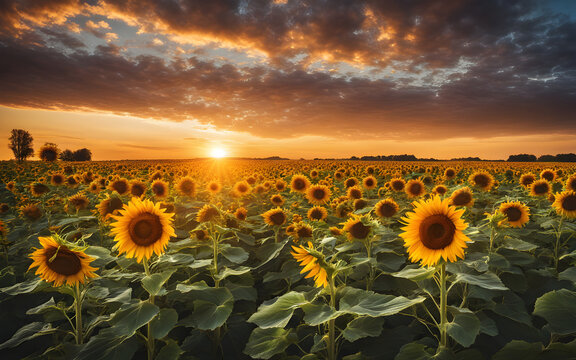 Photograph of a sunflowers field during sunset