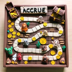Board game style setup with figurines and coins, representing financial strategy and savings concept
