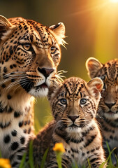 Fototapeta premium Jaguar Leopard family, cubs, love, photographic image with animals perfect for wall decoration . Ai Generative