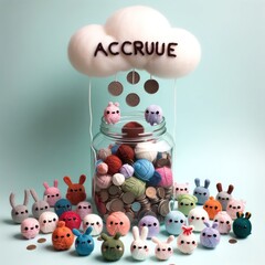 Colorful plush bunnies surround a glass jar filled with coins and balls of yarn with clouds above
