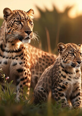Obraz premium Jaguar Leopard family, cubs, love, photographic image with animals perfect for wall decoration . Ai Generative