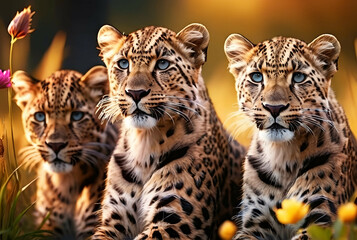 Jaguar Leopard family, cubs, love, photographic image with animals perfect for wall decoration . Ai Generative
