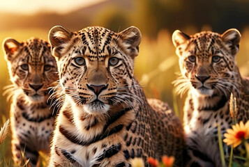 Obraz premium Jaguar Leopard family, cubs, love, photographic image with animals perfect for wall decoration