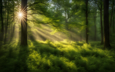 Fototapeta na wymiar Photograph of a sunny morning in an springtime forest, with rays of lights