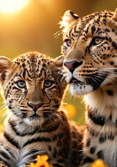 Fototapeta premium Jaguar Leopard family, cubs, love, photographic image with animals perfect for wall decoration