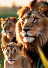 Lion family, cubs, love, photographic image with animals perfect for wall decoration . Ai Generative