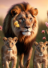 Lion family, cubs, love, photographic image with animals perfect for wall decoration . Ai Generative - obrazy, fototapety, plakaty
