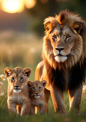 Lion family, cubs, love, photographic image with animals perfect for wall decoration . Ai Generative