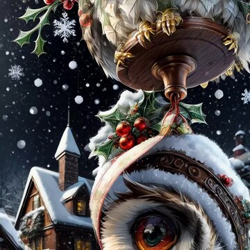 Abstract Christmas Animation, cute Christmas Owl with mistle toes, Christmas Scenery, winter, Xmas, snow, festive. Generative AI.	