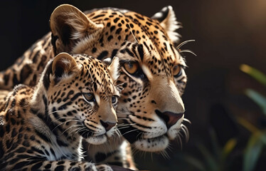Jaguar Leopard family, cubs, love, photographic image with animals perfect for wall decoration