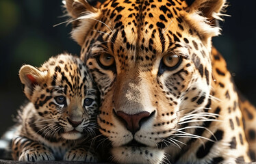 Obraz premium Jaguar Leopard family, cubs, love, photographic image with animals perfect for wall decoration . Ai Generative