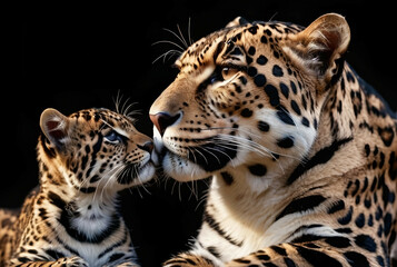 Obraz premium Jaguar Leopard family, cubs, love, photographic image with animals perfect for wall decoration . Ai Generative