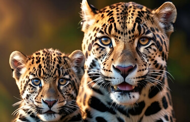 Jaguar Leopard family, cubs, love, photographic image with animals perfect for wall decoration . Ai Generative