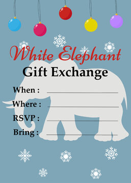 White Elephant Gift Exchange. Gift exchange game for Christmas White elephant invitation. Fun and modern party invitation template. Vector illustration.
