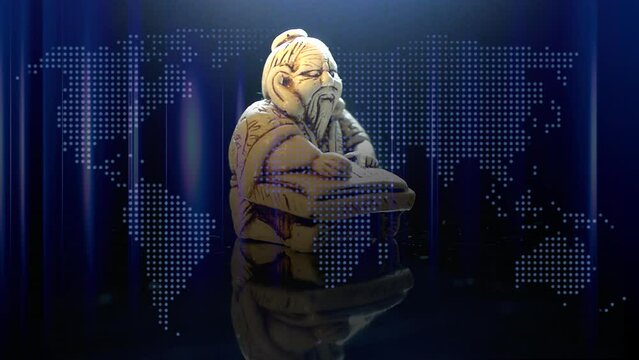 Netsuke Custodian of Time on background of stylized world map.
Writing down good dreams that must be fulfilled and bring happiness.	
