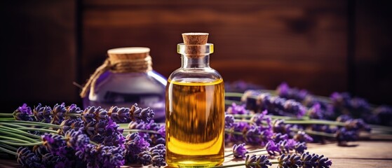Essential Aromatic oil and lavender flowers, natural remedies, aromatherapy, beauty treatment items...