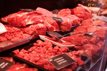 Pork, beef, tenderloin, meatballs, entrecote, ham, carbonate on the counter in the store - Powered by Adobe
