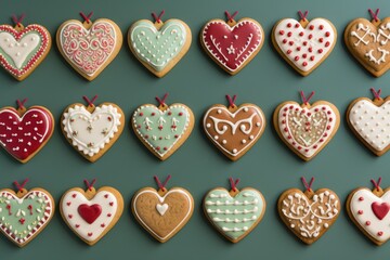 Fototapeta premium Many gingerbread heart cookies on dark green background. Traditional xmas cinnamon cookies with icing decoration. Christmas greeting banner. Holiday baking concept. Top view, flat lay 