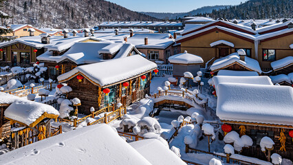 Landscape of houses and courtyards after snow in China's snow town
