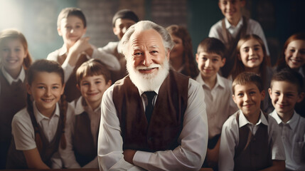 Happy old senior man working as teacher in school, educating young kids, classroom photography, smiling and looking at the camera, gray haired male professor in his 60s with children students