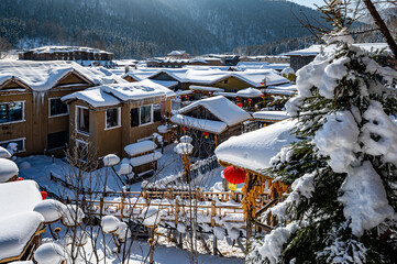 Landscape of houses and courtyards after snow in China's snow town