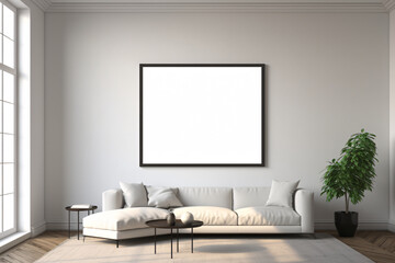 Empty picture frame mockup, white canvas in a stylish modern living environment