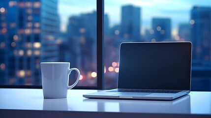 Close up photography of a white mug placed on a shiny gray textured table next to a laptop. City skyscrapers blurred in the background, tall buildings view through the transparent office glass windows - Powered by Adobe