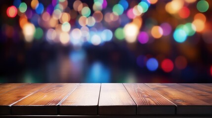 Empty wood table top on abstract blurred game center shop and nightclub lights background 