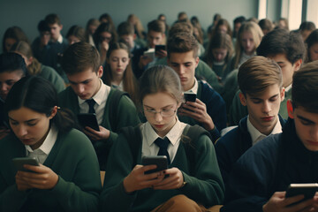 Students sitting in class staring at their phones - obrazy, fototapety, plakaty