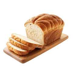 Loaf of white bread cut into pieces on wooden board ,close-up, Sliced bread isolated on transparent background, clipping path, png file,