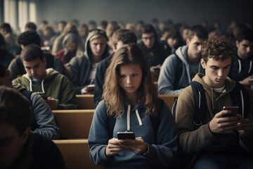 Students sitting in class staring at their phones - 689647271